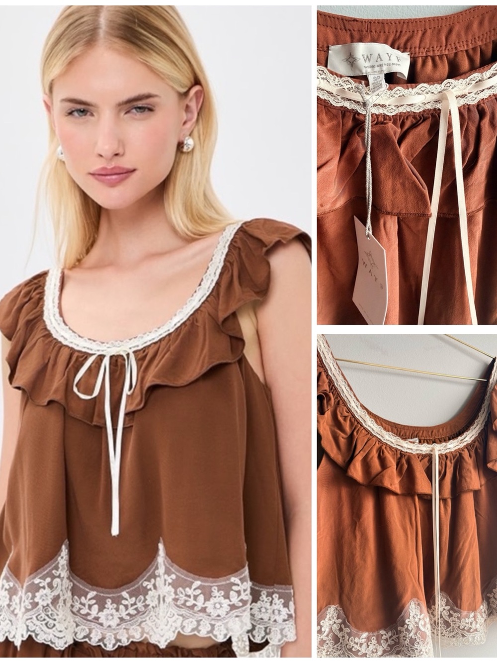 NWT Lace Ruffle Sleeveless Flowy Top Scoop Neck Bow Rayon Cami Satin Brown Small